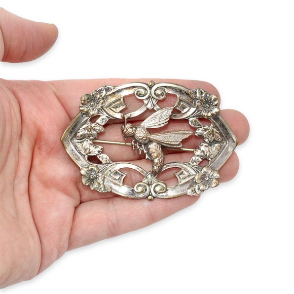 Antique Art Nouveau Bee Sash Pin Brooch Large Silver Plated Vintage Early 1900s - Picture 3 of 5